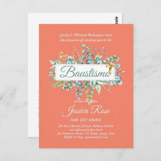 Baustismo Invitation Eucalyptus BUDGET Vert (Devant / Derrière)