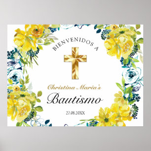 Bautismo de Niña Bonita Cruz Floral Amarillo Poster