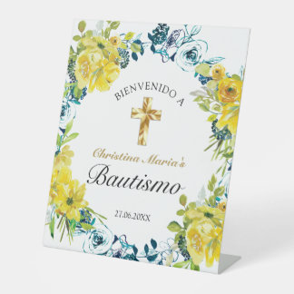 Bautismo de Niña Bonita Cruz Floral Amarillo Reclamebord Met Voetstuk