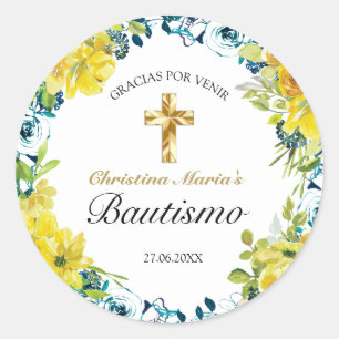 Bautismo de Niña Bonita Cruz Floral Amarillo Ronde Sticker