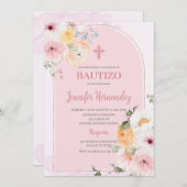 Bautismo kleur rosa con flores kaart (Voorkant / Achterkant)