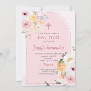 Bautismo kleur rosa con flores kaart