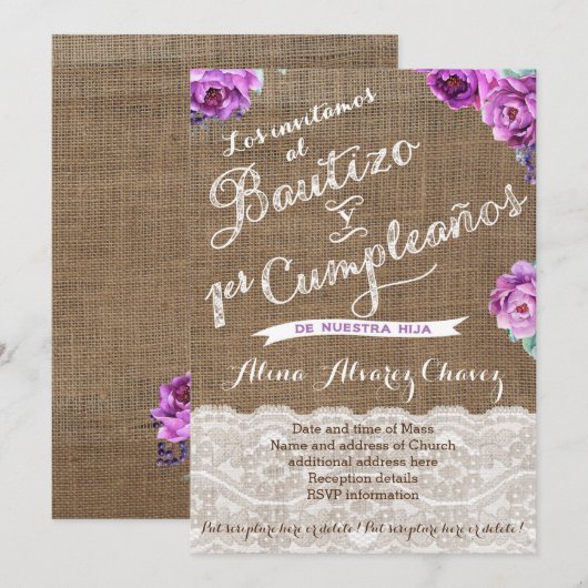 Bautizo 1er Cumpleaños, Spaanse uitnodiging Castel (Voorkant / Achterkant)