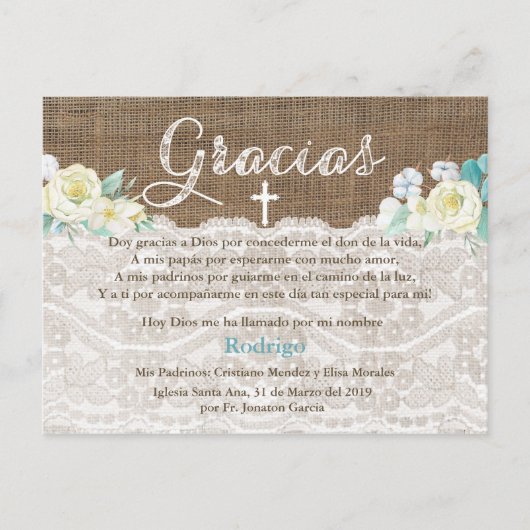 Bautizo doop Bedankt in het Spaans voor jongen Uitnodiging Briefkaart (Voorkant)