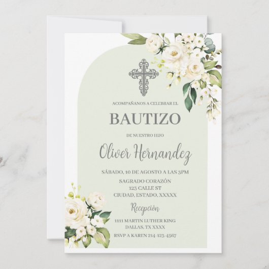 Bautizo Floral Blanc Invitation Espagnole (Devant)