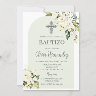 Bautizo Floral Blanc Invitation Espagnole