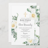 Bautizo Floral Blanc Invitation Espagnole (Devant / Derrière)