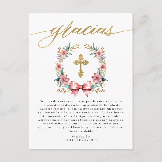Bautizo Roze & Goud Spaans Bedankt Briefkaart (Voorkant)