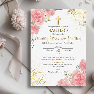 Bautizo Uitnodiging in Spaanse Doop Roze Bloemen