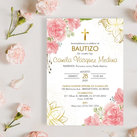 Bautizo Uitnodiging in Spaanse Doop Roze Bloemen