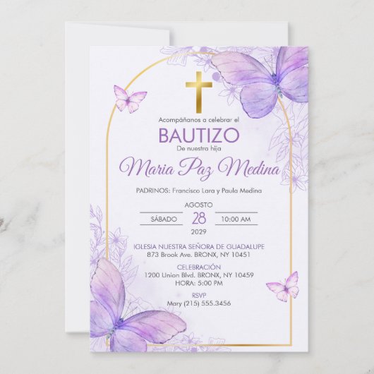 Bautizo Uitnodiging in Spaanse doop Vlinders (Voorkant)