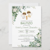 Bautizo Uitnodiging Tweeling Jongens Groene Blader (Voorkant)