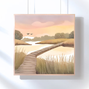 Bay Boardwalk Lichte Kust Aquarel Schilderij Poster