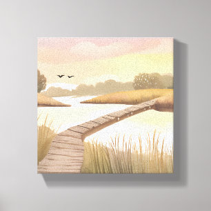 Bay Boardwalk   Lichte Kust Waterverfschilderij Canvas Afdruk
