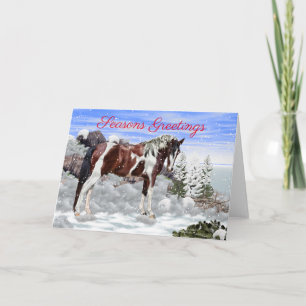 Bay en witte Tobiano Paint Horse in de sneeuw Feestdagen Kaart