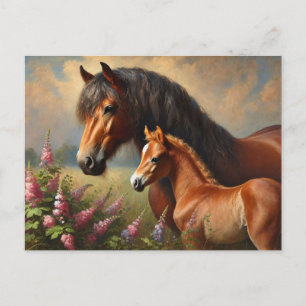 Bay Mare met een veulen Wildflowers Schilderij Briefkaart