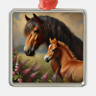 Bay Mare met een veulen Wildflowers Schilderij Metalen Ornament
