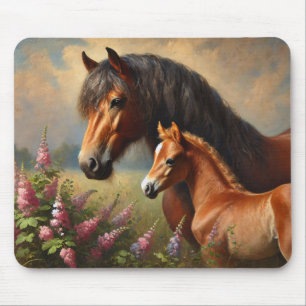 Bay Mare met een veulen Wildflowers Schilderij Muismat