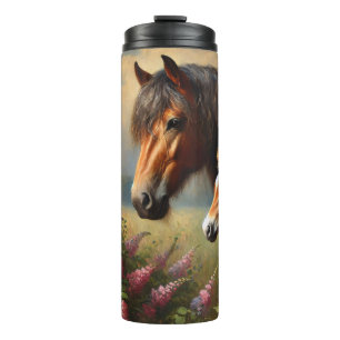 Bay Mare met een veulen Wildflowers Schilderij Thermosbeker