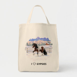 Bay Pinto Gypsy Vanner Draft Horse in sneeuw Tote Bag