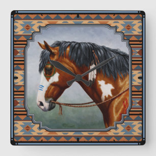 Bay Pinto War Horse Southwestern Design Vierkante Klok