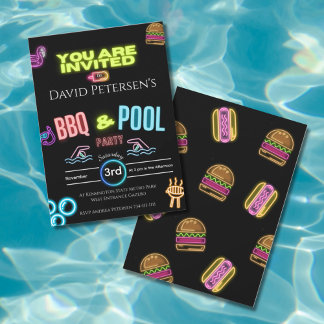 BBQ and Pool Party Neon Birthday Invitation Kaart