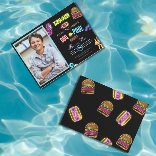 BBQ and Pool Party Neon Photo Birthday Invitation
