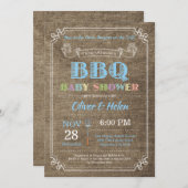 BBQ Baby shower Invitation Burlap Bleu (Devant / Derrière)