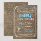 BBQ Baby shower Invitation Burlap Blue Kaart (Voorkant / Achterkant)