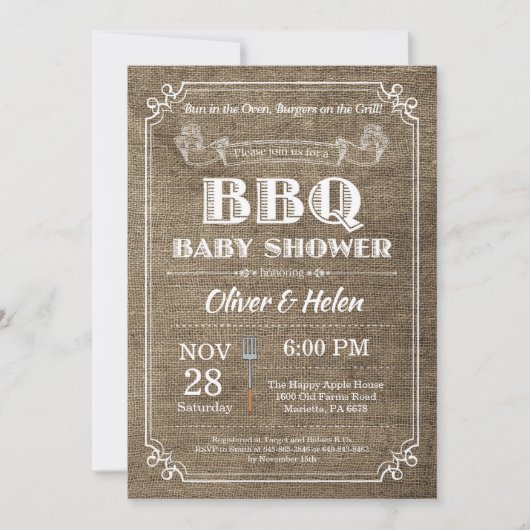 BBQ Baby shower Invitation Burlap Vintage (Devant)