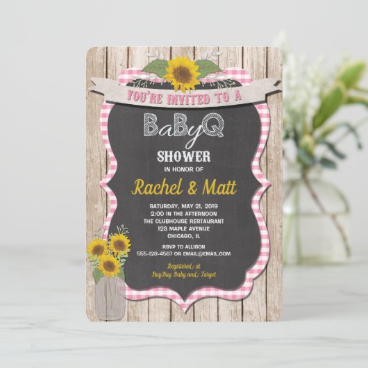 BBQ Baby shower invitation fille rose jaune (Debout devant)