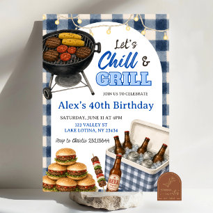 BBQ Blauw Gingham Grill en Chill Verjaardag Kaart