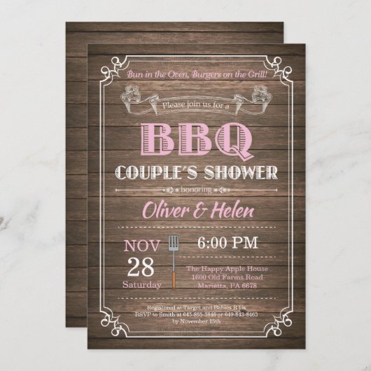 BBQ Couples Douche Invitation Bois Rustique Rose (Devant / Derrière)