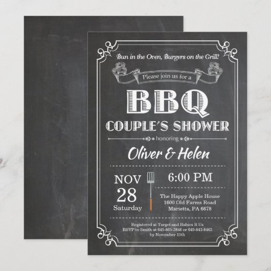 BBQ Couples Shower Invitation Chalkboard Kaart (Voorkant / Achterkant)