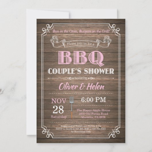 BBQ Couples Shower Invitation Rustic Wood Pink Kaart (Voorkant)