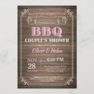 BBQ Couples Shower Invitation Rustic Wood Pink Kaart