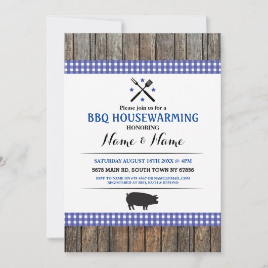 BBQ Housewarming Rustic Blue Hog Roast Wood Invite Kaart (Voorkant)