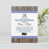 BBQ Housewarming Rustic Blue Hog Roast Wood Invite Kaart (Staand voorkant)