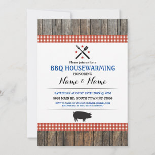 BBQ Housewarming Rustic Red Hog Roast Wood Invite Kaart