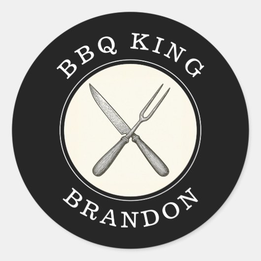 BBQ King Knife & Fork Grill Naam Ronde Sticker (Voorkant)