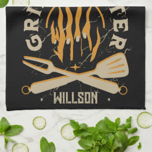 BBQ Vlam Vintage Grill Typografie Theedoek