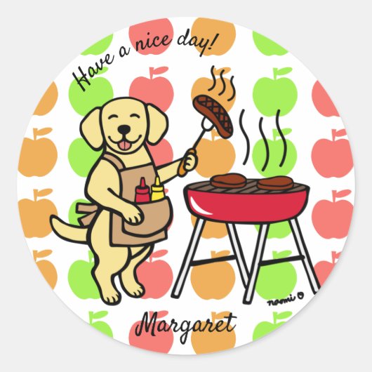BBQ Yellow Labrador Chef Cartoon Ronde Sticker (Voorkant)