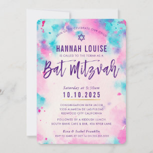 BBT MITZVAH roze paarse waterverf gouden script Kaart