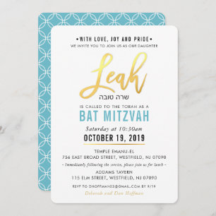 BBT MITZVAH turquoise blue gold script LEAH Kaart