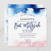 BBT MITZVAH waterverf met handschrift blauw en roz Kaart (Voorkant / Achterkant)