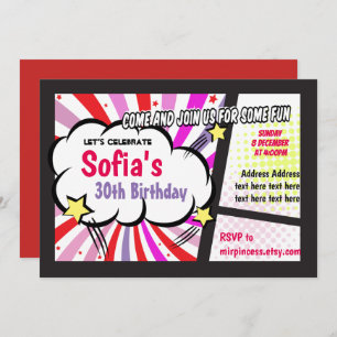 BD, rétro, pop art, invitation d'anniversaire Supe
