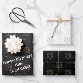 Bday Black & Gold Zodiaal Libra Astrology Star Sig Inpakpapier Vel