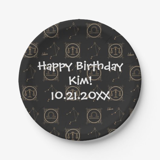 Bday Black & Gold Zodiaal Libra Astrology Star Sig Papieren Bordje (Voorkant)