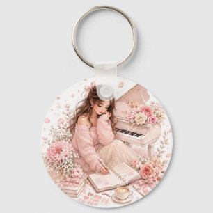 Be-editabele Roze Bloemstuk Piano Sleutelhanger