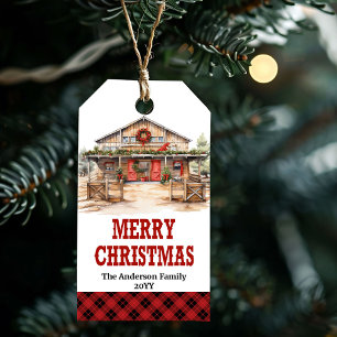 Be-editbare country ranch kersttag rood en goud cadeaulabel